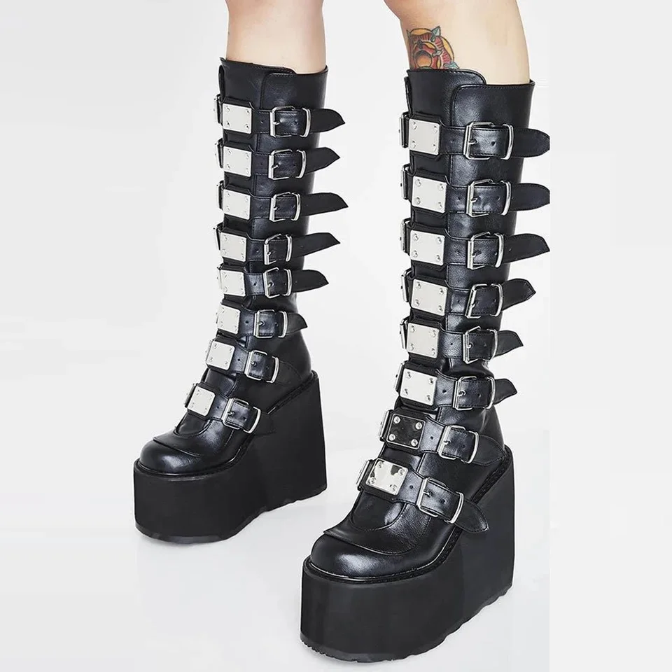 Vrouwelijke Mode Metalen Gothic Platform Laarzen Punk Cosplay Wiggen Hoge Hakken Vrouwen Knie Hoge Laarzen Stree Schoenen Vrouw