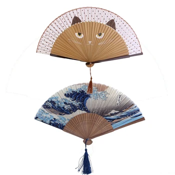 

2 Pcs Lace Bamboo Folding Fan Hand Drawn Cartoon ,Dark Blue and White Wave Pattern & Cat Brown