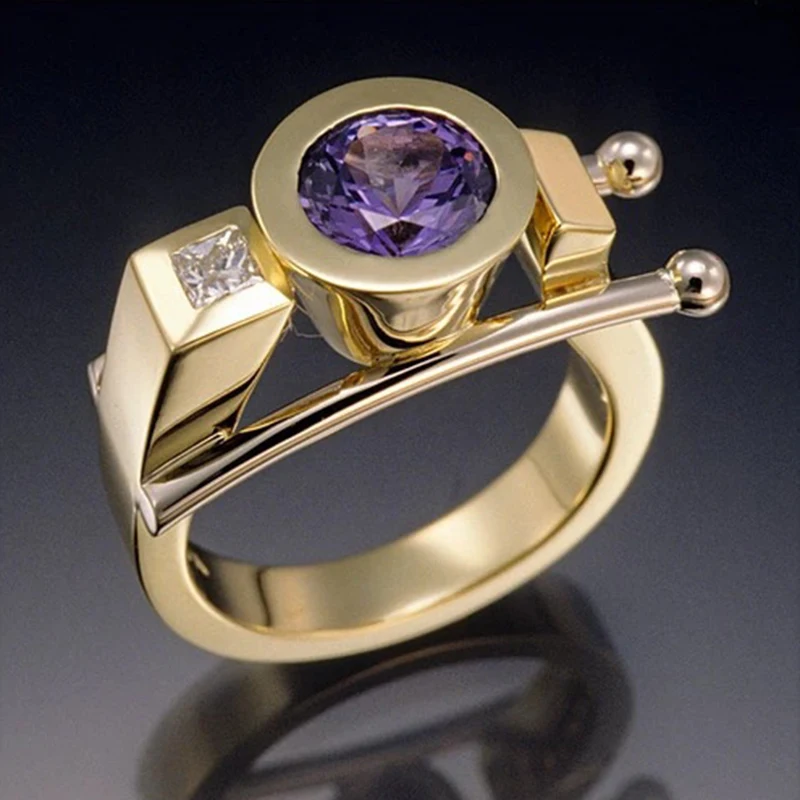 Стильный золотой цвет фиолетовый горный хрусталь кольца для женщин Нежный двойной металлический слой мяч геометрический палец кольцо Anillos Z4T219