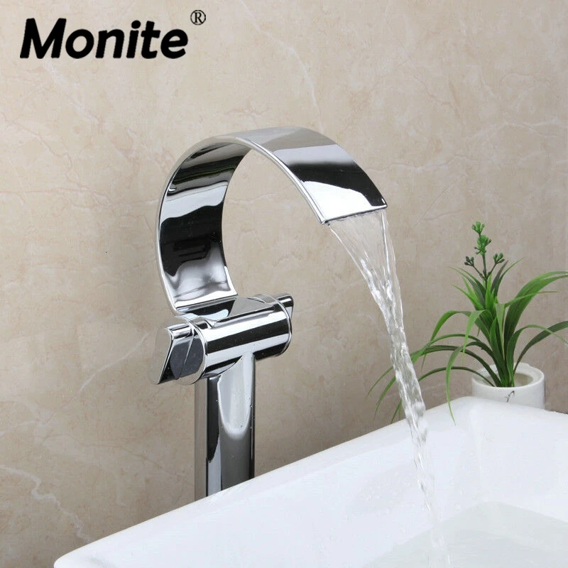 

Monite Chrome Solid Brass Bathroom Faucet Polished Chrome Mixer Taps Waterfall Water 1 Handle Deck Mounted Basin Faucets Tap