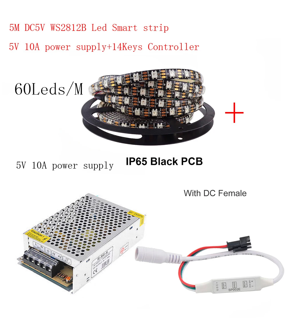 

5m DC5V WS2812B Led Strip 60 pixels/leds/m WS2812 IC Smart 5050 RGB led Strip light+5V LED Power Supply + LED Controller