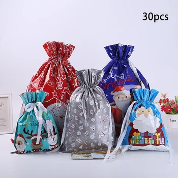 

30pcs Gift Drawstring Bags 5 Models Christmas Present Wrap Classic Christmas Patterns Bag For Wedding Birthday Candy Bag
