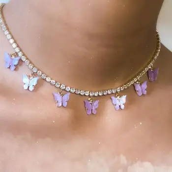 

GLAMing New Rhinestone Necklace Women Chain Choker Bulk Charms Gold Pink Tennis Chain Butterfly Choker Necklace Collar Jewelry