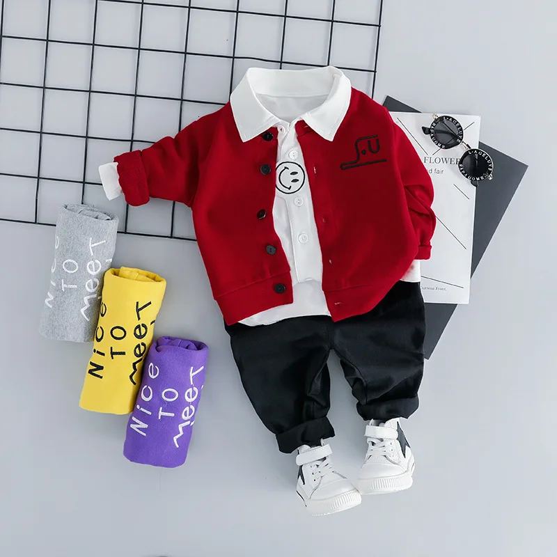Newborn Baby Clothes Autumn Winter Baby Boys Clothes Cardigan+T-shirt+Pants 3pcs Outfit Suit Infant Clothing For Baby Set - Color: Red