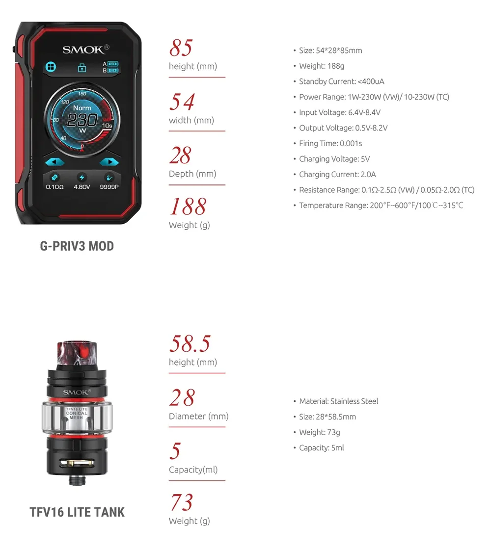 SMOK G-PRIV 3 комплект 5 мл TFV16 Lite бак 230 Вт двойной сетки 0.15ohm& коническая сетка 0.2ohm катушка электронная сигарета VS G-PRIV 2 Mag P3