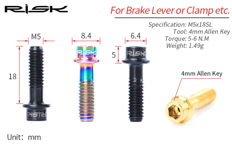Risk M5x18Titanium Велосипедный тормозной рычаг Подседельный штырь зажим фиксированные болты для 2 типа MTB Mount Велоспорт полый Сверхлегкий крепежный винт