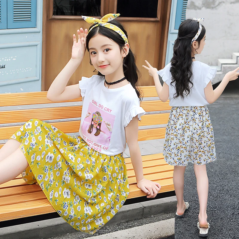 

Children's clothes girls leisure suit brim summer wear the new girl children T-shirt hoop skirt delivered two-piece outfit