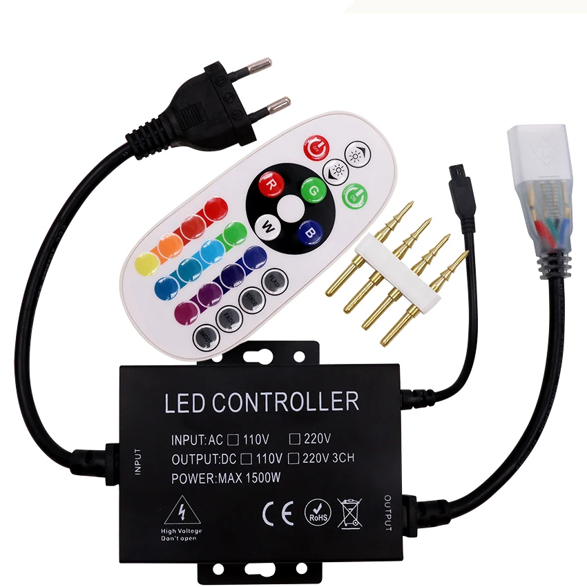 

220V 110V 1500W Led RGB Controller 24 keys IR Remote Control for 8mm/10mm/12mm Led Strip Light Connector with US/ EU Power Plug