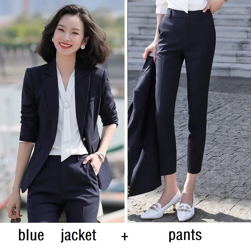 blue jacket pants Женские костюмы, тонкие, весна-осень, одноцветные, блейзеры, куртки, штаны, 2 шт, набор, OL, формальные, женские, брючные костюмы, женские костюмы, 691 - Цвет: blue jacket pants