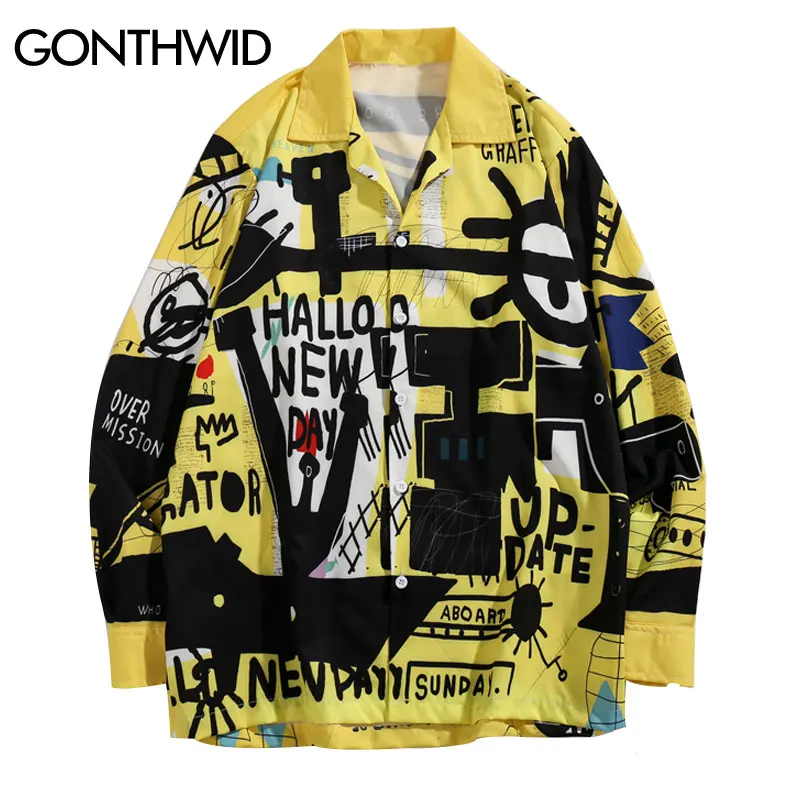 

GONTHWID Graffiti Print Long Sleeve Dress Shirts Streetwear Hip Hop Hipster Causal Button Up Shirt Tops 2019 Fashion Shirts Tees