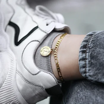 

Initial Letter Pendant Anklet Gold Color Stainless Steel Figaro Chain Leg Bracelets for Women Girls Foot Chain KA11
