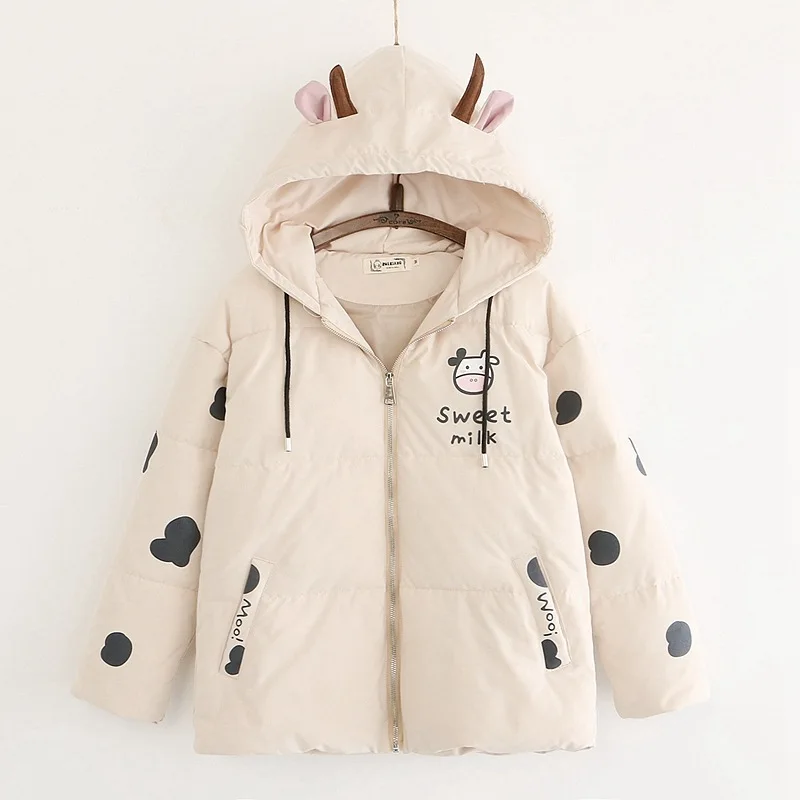 

Japanese-style Winter Playful Cow Printed Hooded Cotton-padded Clothes Cotton Coat Pretty Girl Soft Cute Girl Students Cotton-pa