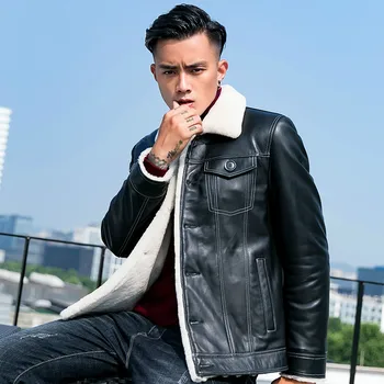 

Genuine Leather Jacket Men Sheep Shearing Real Fur Coat Winter Jacket Men's Vintage Motorcycle Warm Wool Jackets Casaco YY865