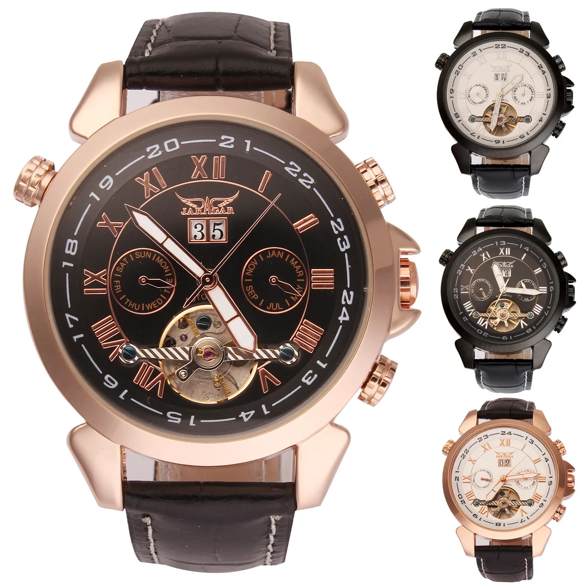 

Jaragar Back through Multi-functional Automatic Analog Watch Pack Flywheel Leather Belt Night Light Display MEN'S Watch Casual W