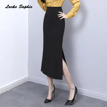 

1pcs High waist Women plus size Pencil skirts 2020 Summer Cotton Splicing Fork opening elastic skirt Ladies Skinny Pencil skirts
