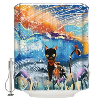 

Black Cat Girl Illustration Shower Curtain Waterproof Polyester Fabric Bathroom Decor Printed with 12 Hooks