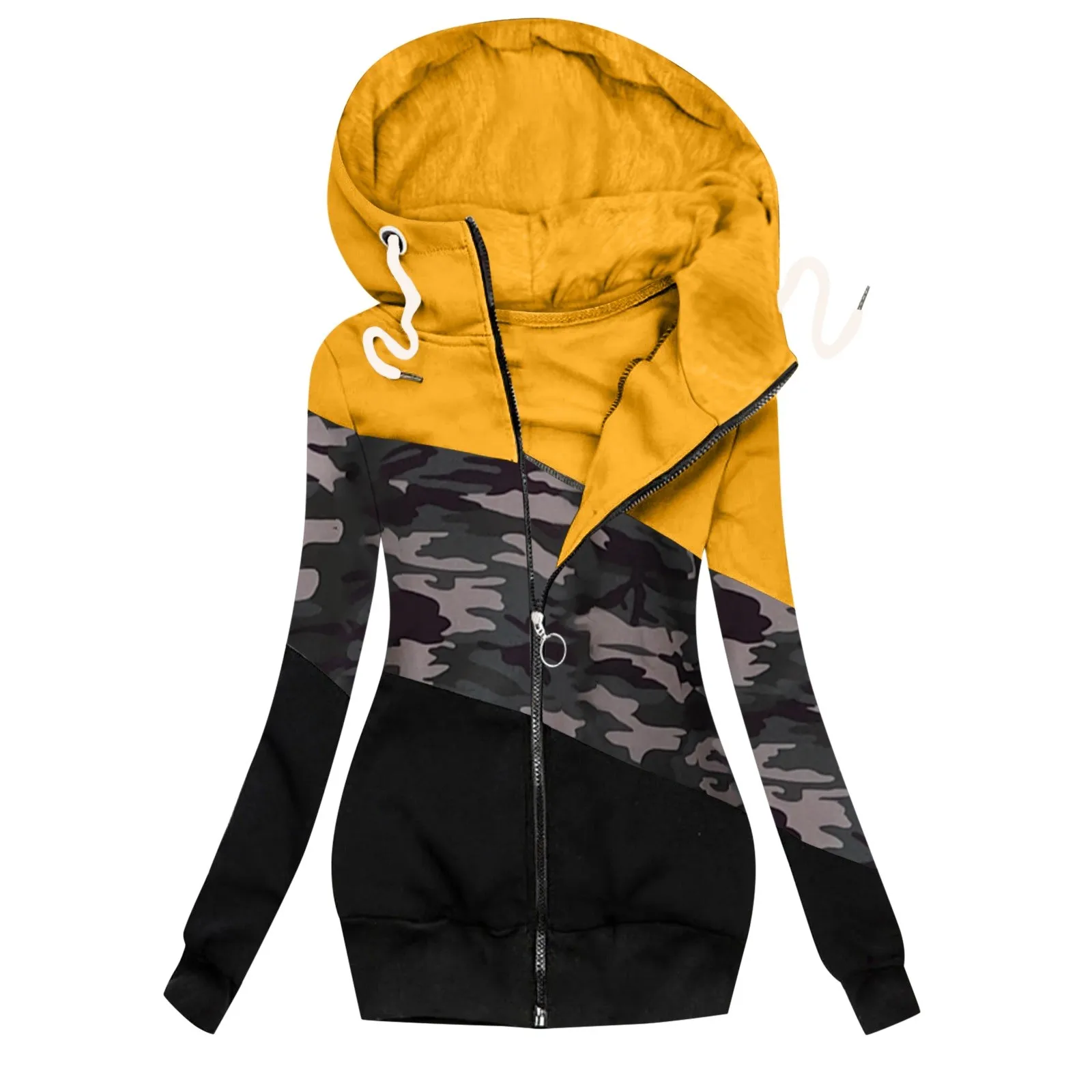 

Hoodie Sweatershirt for Women Slim Zipper Patchworks Color Drawstring Long Hooded Coat Female Hoody Outwear
