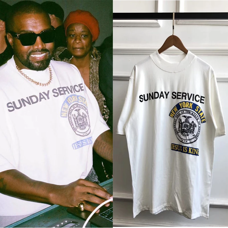 19FW KANYE Ретро футболка с коротким рукавом Мужская Уличная круглая шея Свободная