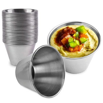 

24 Pack Stainless Steel Sauce Cups - Individual Round Condiments Ramekins, Commercial Grade Safe/Portion Dipping Sauce Kitchen S