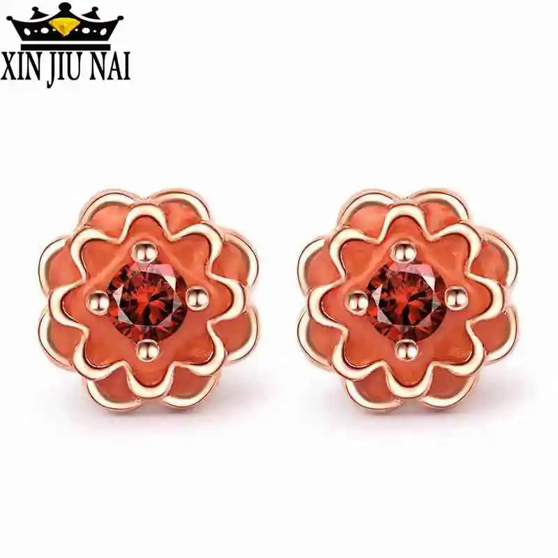 European DIY Handmade Dahlia Earrings Original 925 Silver Rose Petal Garden Stud Pink Enamel Compatible With Jewelry | Украшения и