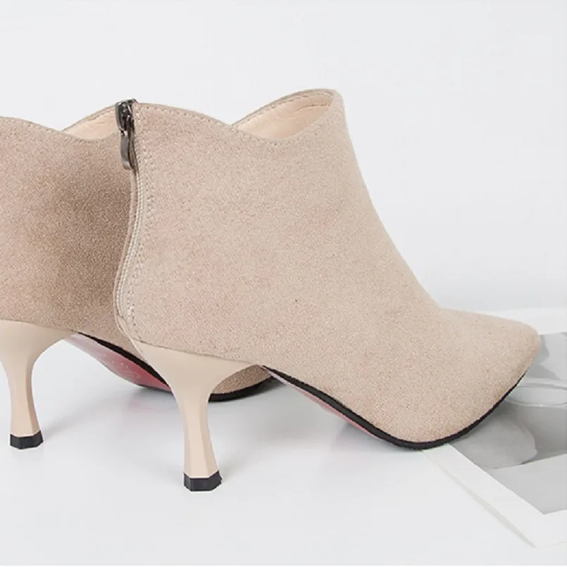 Cresfimix Botas De Mujer; женские классические Бежевые ботинки на высоком каблуке-шпильке с молнией сзади; женские модные красивые зимние ботинки из флока черного цвета; B7035