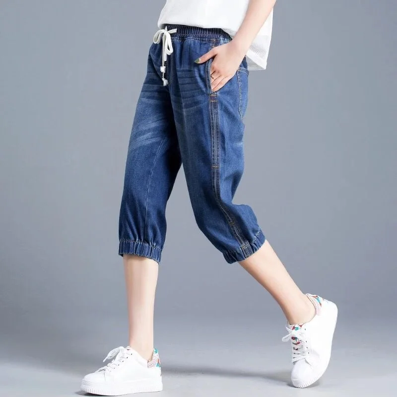 Capris Jeans Pants For Women 2021 Summer Ladies Fashion Harem Trousers Blue Calf-Length Denim Pants Femme Pantalon