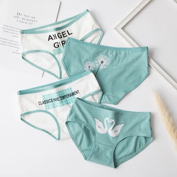 

1 PCS 5 Styles Women Dandelion Swan Printed No Trace Mid-Rise Cotton Briefs Underwear Panties For Girls