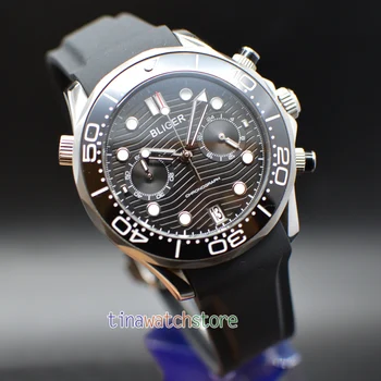 

41mm Bliger black Dial sapphire glass ceramic bezel Chronograph Rubber Strap Quartz men's Watch
