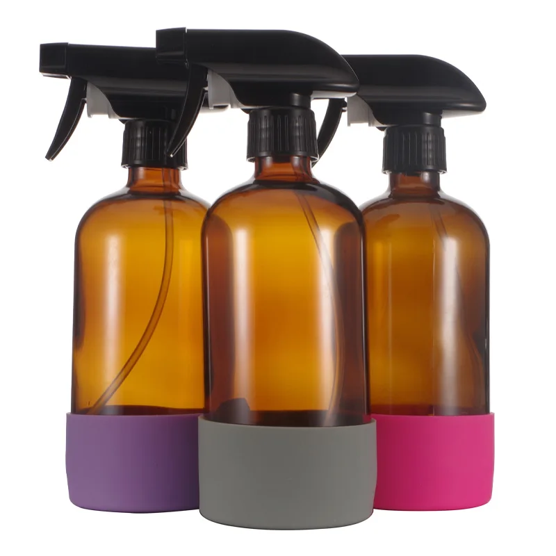 2 Pack Reusable Empty 500ml Amber Clear Glass Spray Bottle Silicone Sleeve 16 OZ Refillable Container With Black Trigger Sprayer-3