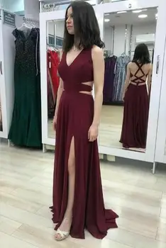 

Long Chiffon V-Neck Evening Dresses with Slit Floor Length Sexy Back Formal Party Dresses for Women