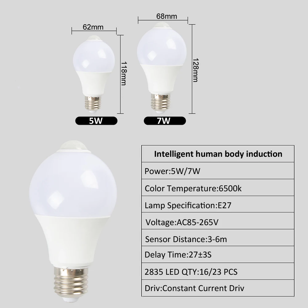 5 Вт 7 Вт движения PIR Сенсор умный светодиодный светильник лампочка 220V E27 винт инфракрасный движения тела Сенсор лампа AC85V-265V автоматического выключения/на 6500K