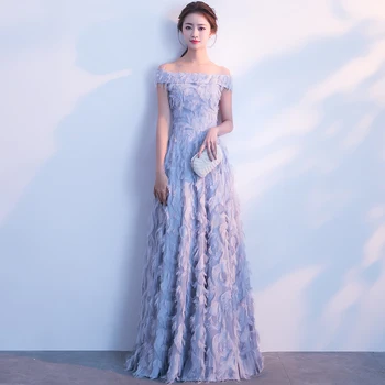 

Off-Shoulder Sexy Women Evening Dress Full Length Chinese Formal Qipao New Light Blue Cheongsam Gown Noble Robe De Soiree
