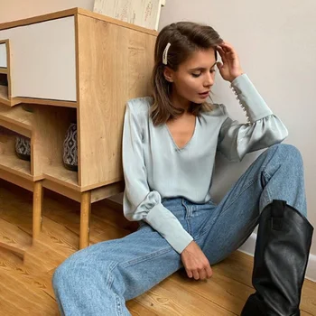 

Vintage Satin Button V Neck Tops Women Casual Solid Long Sleeve Shirts 2020 New Fashion Elegant Office Ladies Blouse And Tops