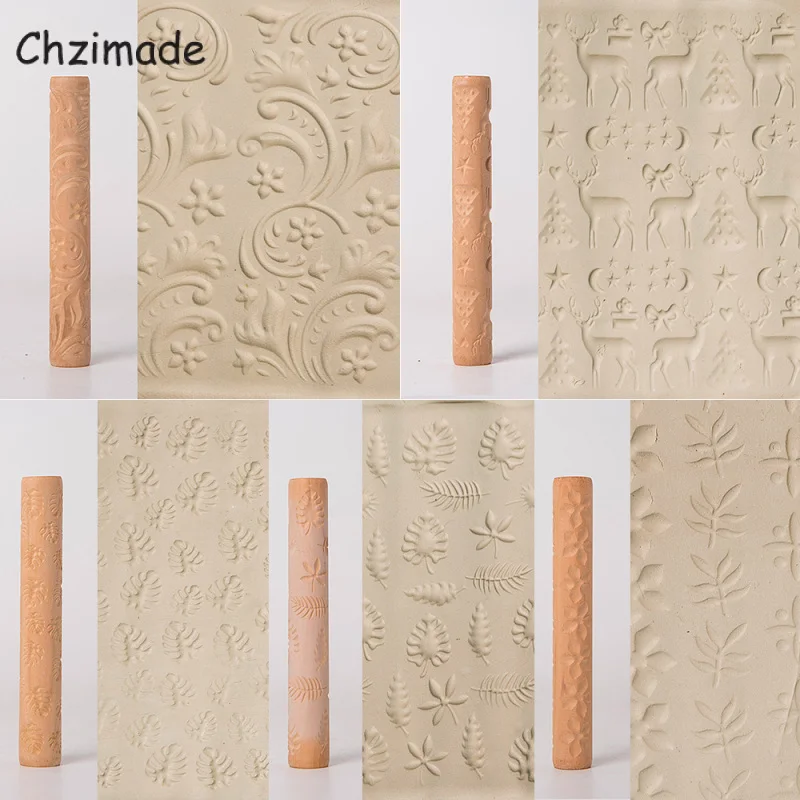 Chzimade Flower Leaves Embossed Pottery Clay Roller Pin Tools Wooden