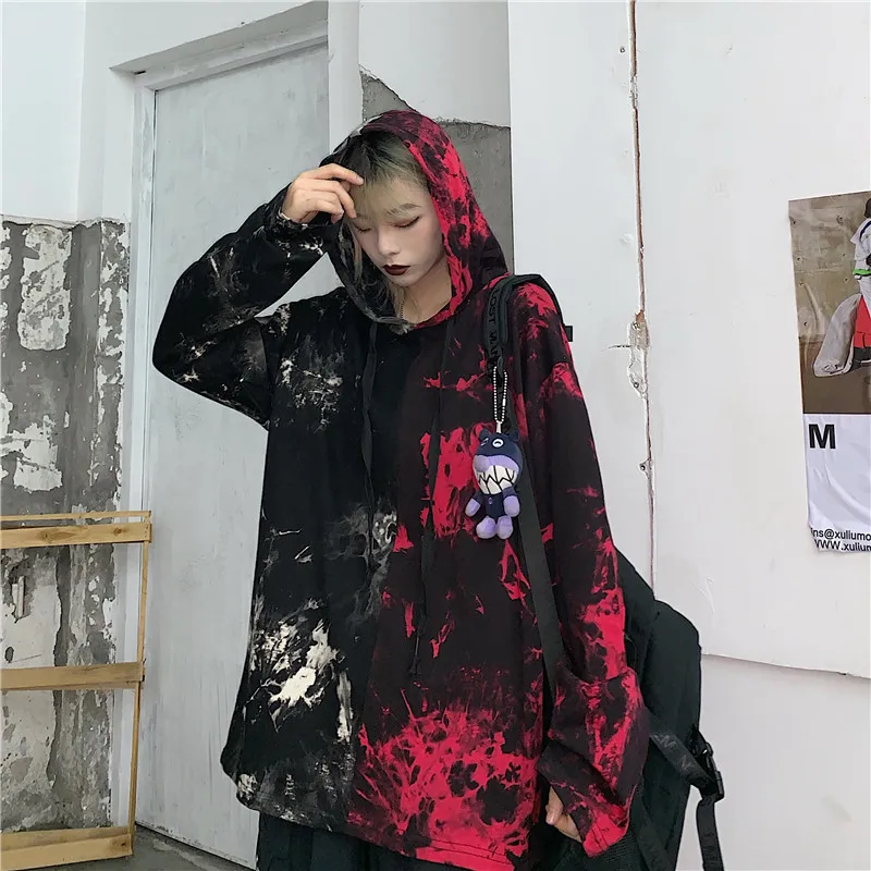 Толстовка женская новая хип-хоп мода tie-dye сшивание половина красный половина белый красивый дикий пуловер женский свободный длинный рукав