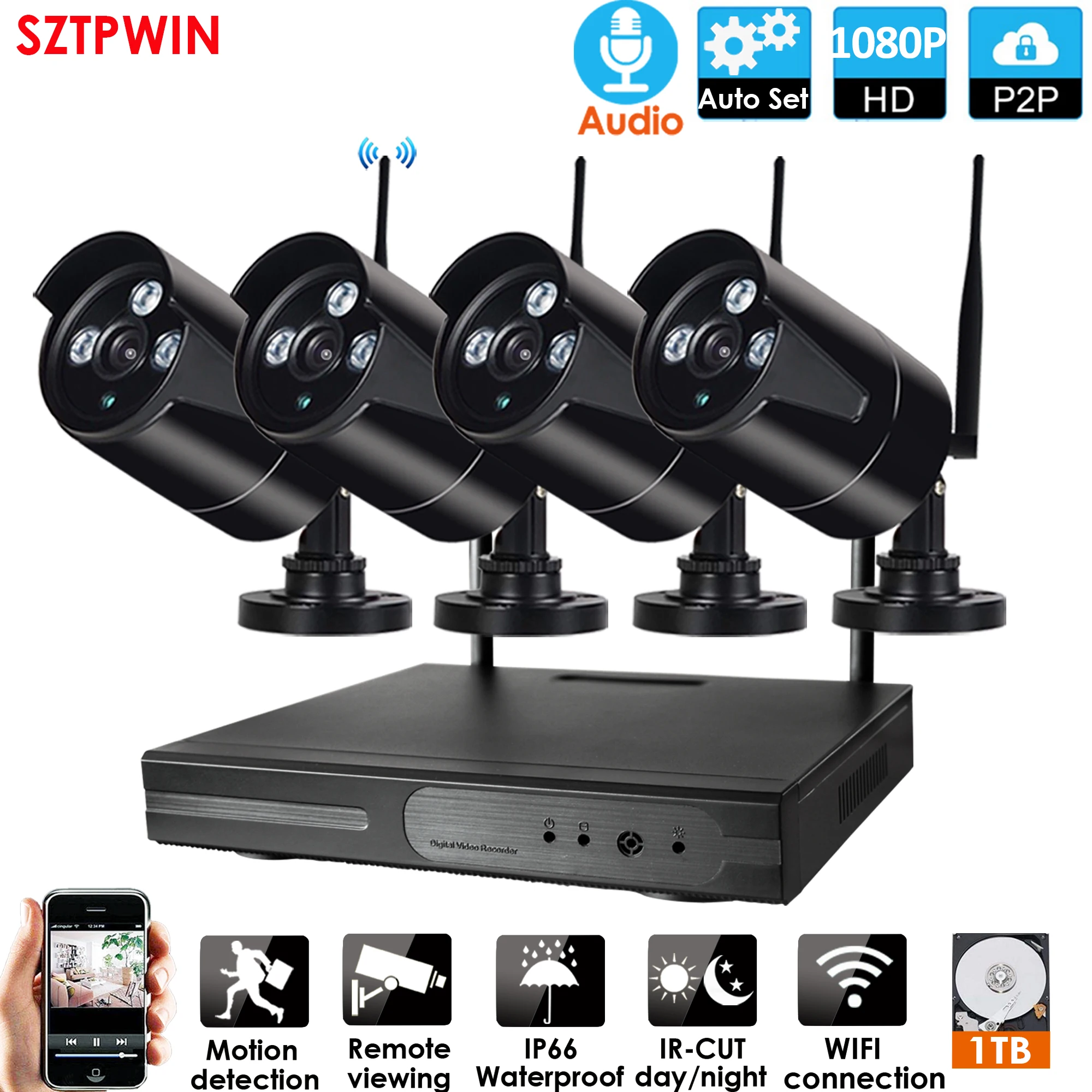 8CH аудио CCTV системы Беспроводной NVR SYTEM 2.0MP 4 шт. ИК Крытый P2P Wifi камера
