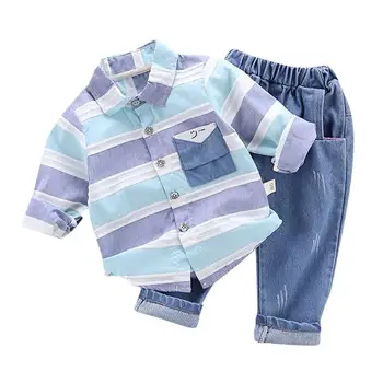 

Toddler Kids Baby Boys Striped Rainbow Shirt Long Sleeve Tops Denim Pants Outfits Baby Spring and Autumn Gentleman Set Clothes