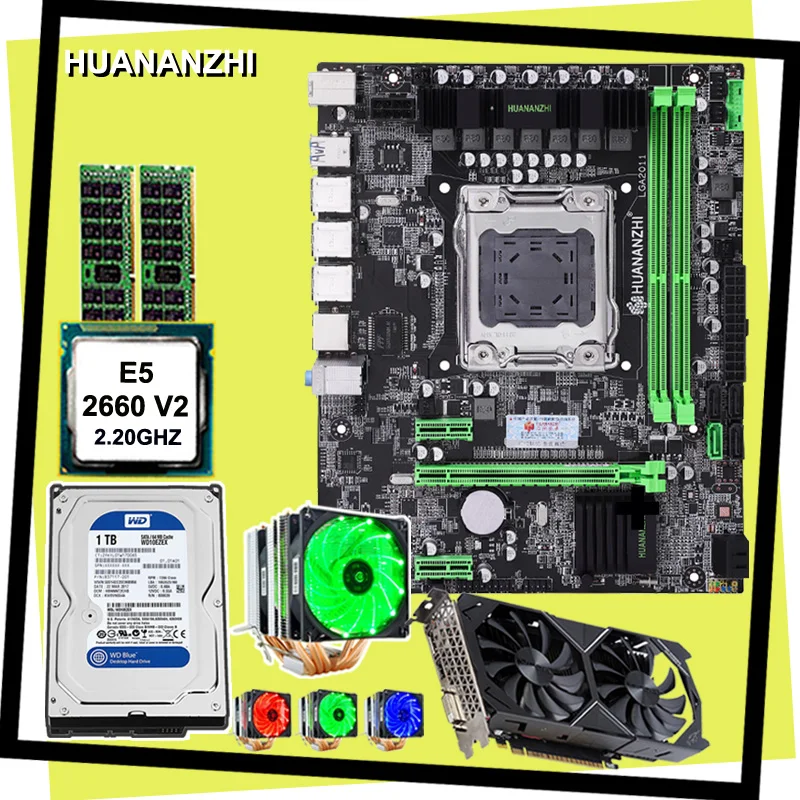 Best Price HUANANZHI M-ATX X79 motherboard CPU E5 2660 V2 with 6 heatpipes cooler RAM 16G(2*8G) DDR3 RECC 1TB SATA HDD GPU GTX1050Ti 4G