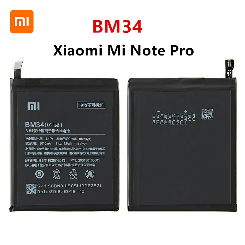 

Xiao mi 100% Orginal BM34 3010mAh Battery For Xiaomi Mi Note Pro BM34 4GB RAM High Quality Phone Replacement Batteries