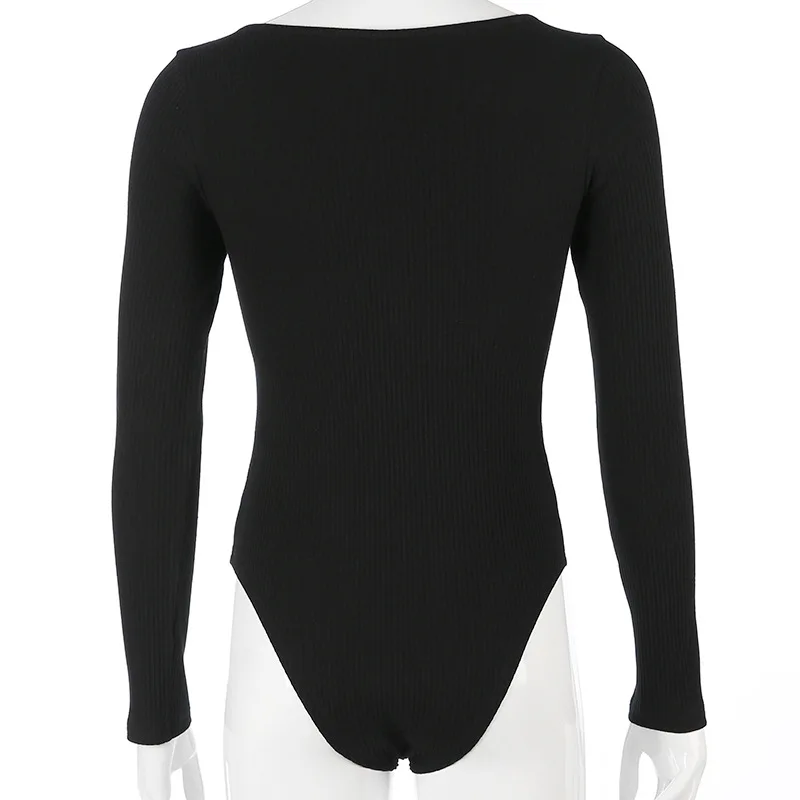 Missufe Ribbed Knitted Sexy Bodycon Bodysuit Women Autumn Button Low O Neck Solid Long Sleeve Slim White Black Body Suit Tops