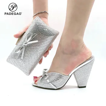 

High Quality Silver Color African Designer Shoes and Bag Set To Match Designer Luxury Shoes Women 2020 Nigerian Party Pumps