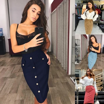 

2020 Elegant High Waist Elastic Pencil Skirt Summer Knee Length Split Ladies Office Skirt Female Bodycon Slim Button Skirts