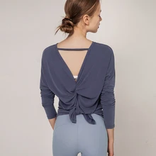 Укороченный Топ женский длинный рукав, для йоги топы на бретелях Спортивная одежда для активного отдыха фитнес-Тренажерный зал Dyr Fit твердая тренировочная футболка без спины