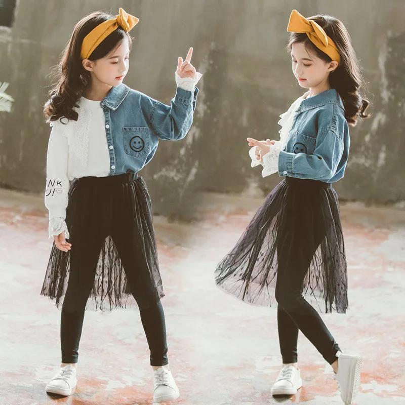 

Girls' Denim Blouse Set 2019 Spring And Autumn New Style Big Boy Korean-style Shirt Yarn Culottes Two-Piece Set