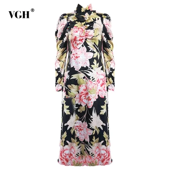 

VGH Ruched Vintage Floral Print Dresses Female Stand Collar Puff Long Sleeve Dress For Women Spring Fashion 2020 Clothing Tide