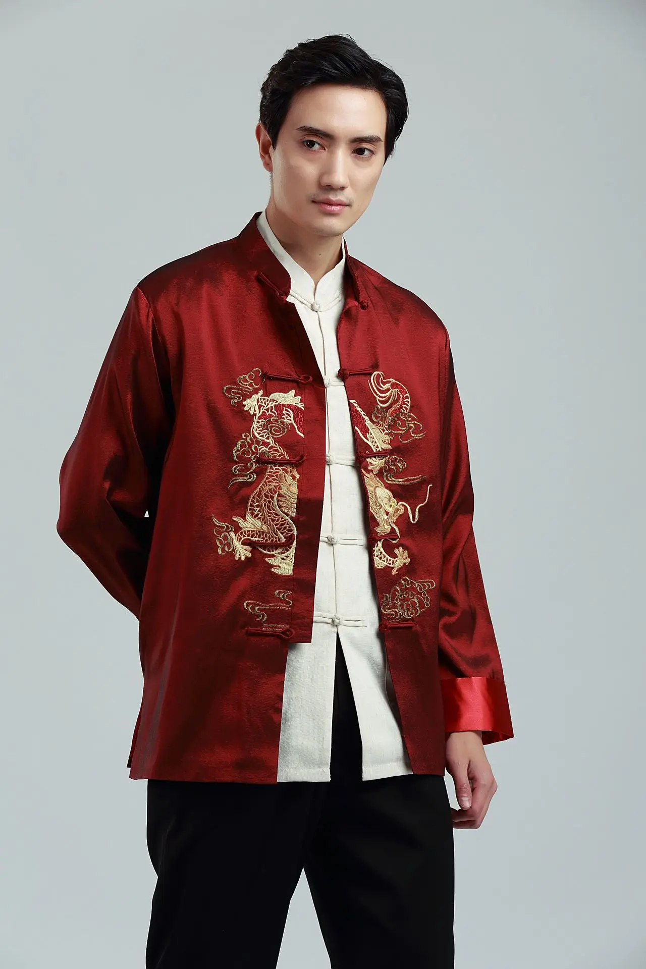Мужская красная куртка китайский стиль вышивка дракон блузка Hanfu год пальто Сценический костюм топы Кунг Фу свободного размера плюс 3XL