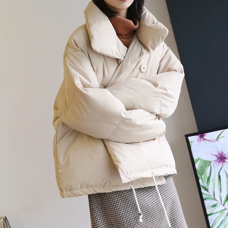 

Winter New Style Solid Color Loose Women's Short Stand Collar Long Sleeve Thick Cotton-padded Clothes Casual Warm down Coat