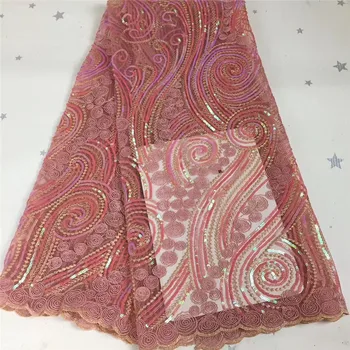 

2020 peach African French Lace Fabric green High Quality African Tulle Lace Fabric with Glued glitter sequins yellow