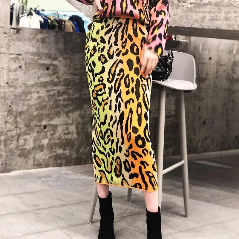 Hit Colors Leopard Knit Pencil Skirt 
