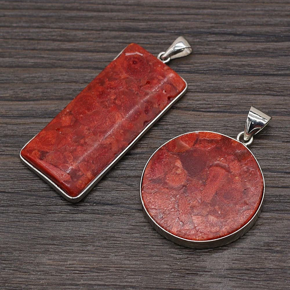 Fine Natural Stone Corals Pendants Big Flat Round Red Coral Charms for Trendy Jewelry Making Women Necklace Earrings